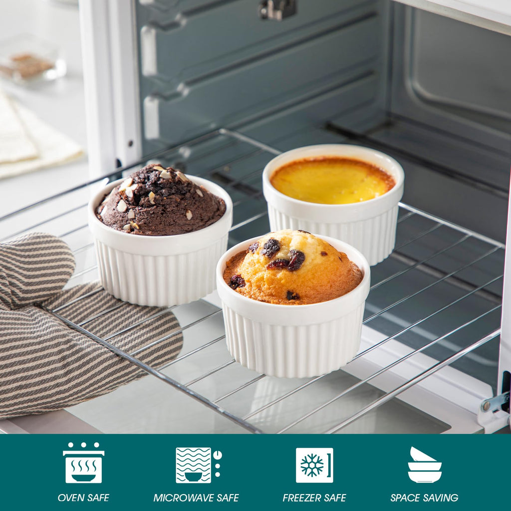 6 oz with Lid, Porcelain Creme Brulee Souffle Dishes, White Pudding Custard Cups Ramiken for Baking, Dishwasher and