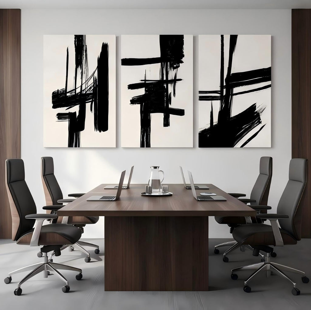 Black and White Abstract Wall Art Set of 3, Modern Minimalist style Canvas