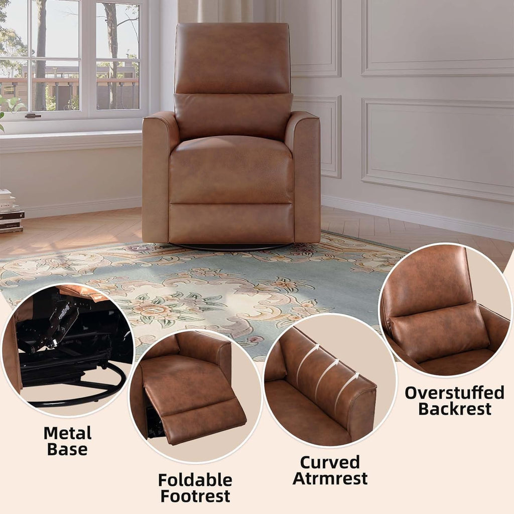 Swivel Rocking Recliner Chair, Manual Leather Recliner Glider with | Lumbar Support & Padded Armrest, Comfortable