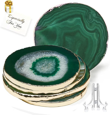Green Agate,Natural Geode Coasters with Agate Slices and Gold Rim - 4 x 3.5" - Gemstone Coasters for Drink - Set of 4