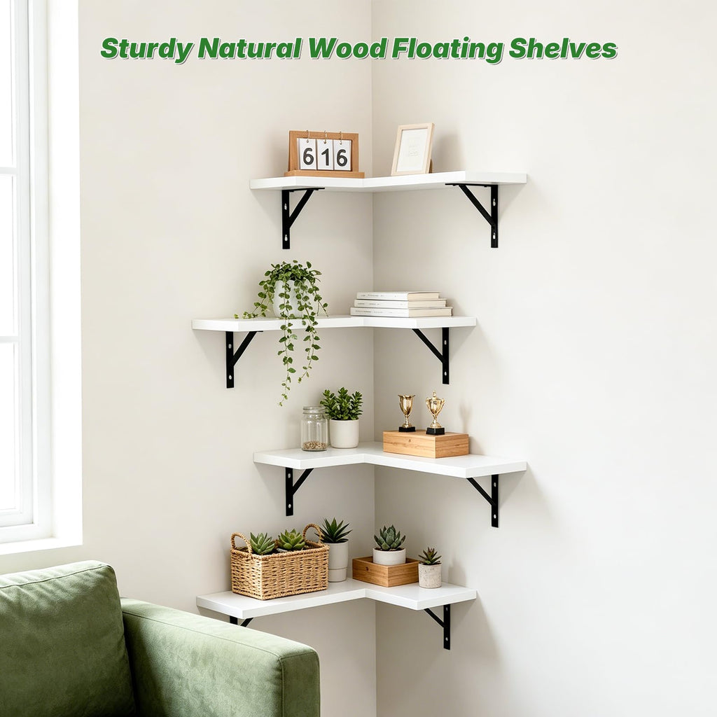 Corner Floating Shelves Wall Mounted, White, Set of 4