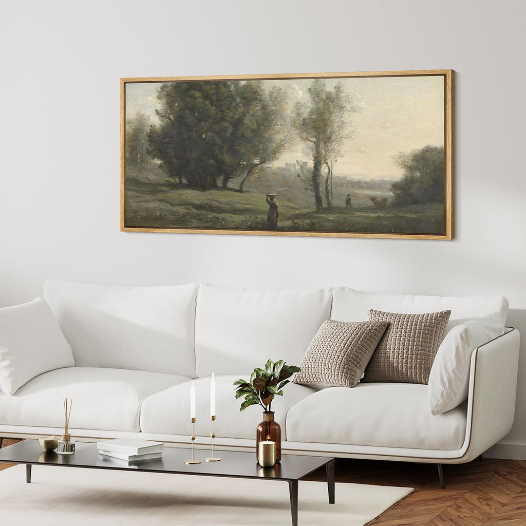 Extra Large Framed Canvas Print Wall Art Pastoral Elegance Tranquil Countryside with Figure Vintage Inspired Colorful