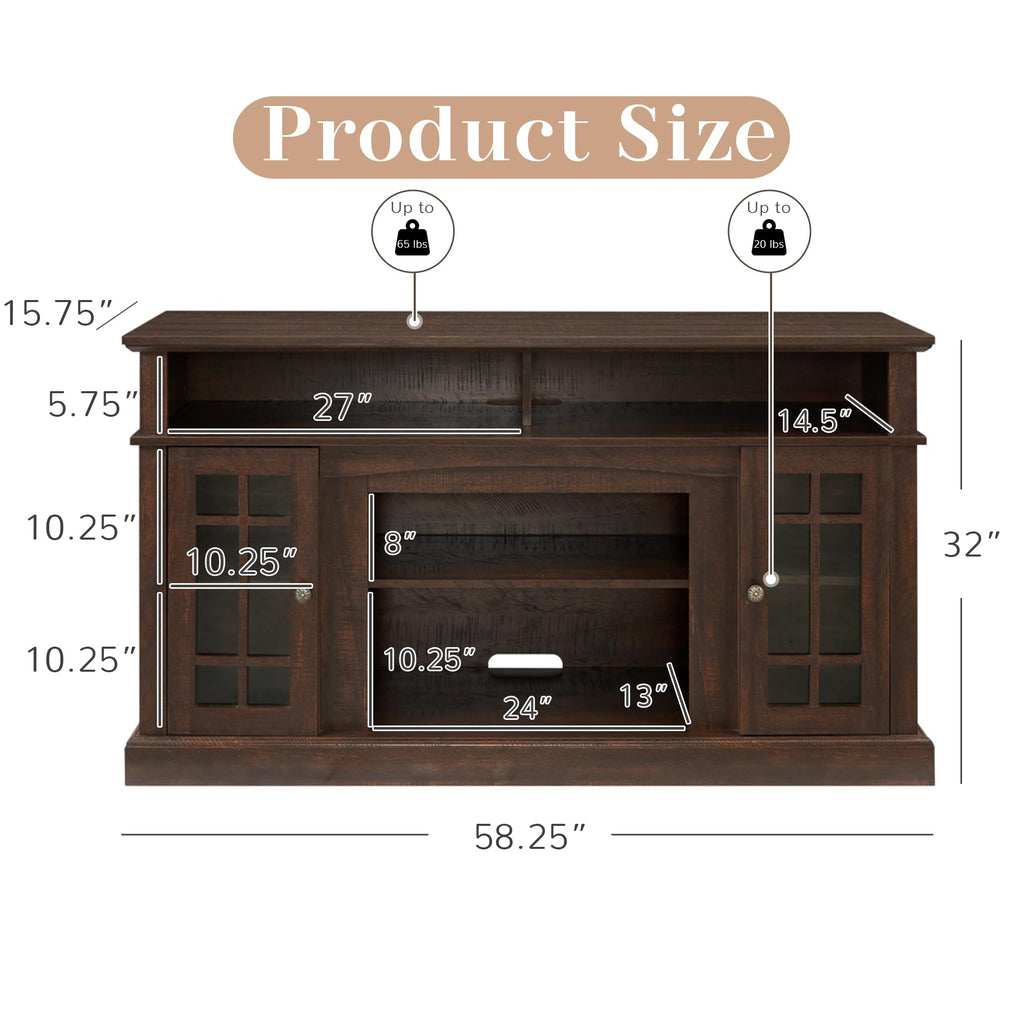 Traditional American Country Style TV Stand with Glass Door, 58"W Large Entertainment Center with Open Shelves, Home