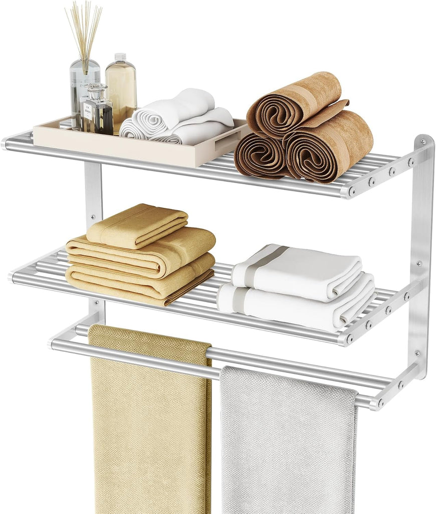 3 Tier Towel Racks Wall Mounted, 24 inch Bathroom Shelf with Towel Bar, Brushed Nickel Shelves for Towels, Stainless