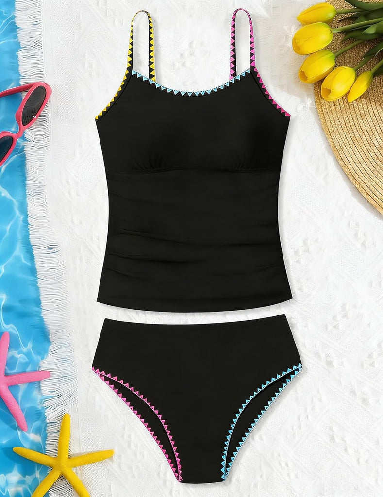 Girls Tankini Swimsuits Two Piece Bathing Suit Colorful Contrast Trim Swimwear Padded Swimsuits for Teens
