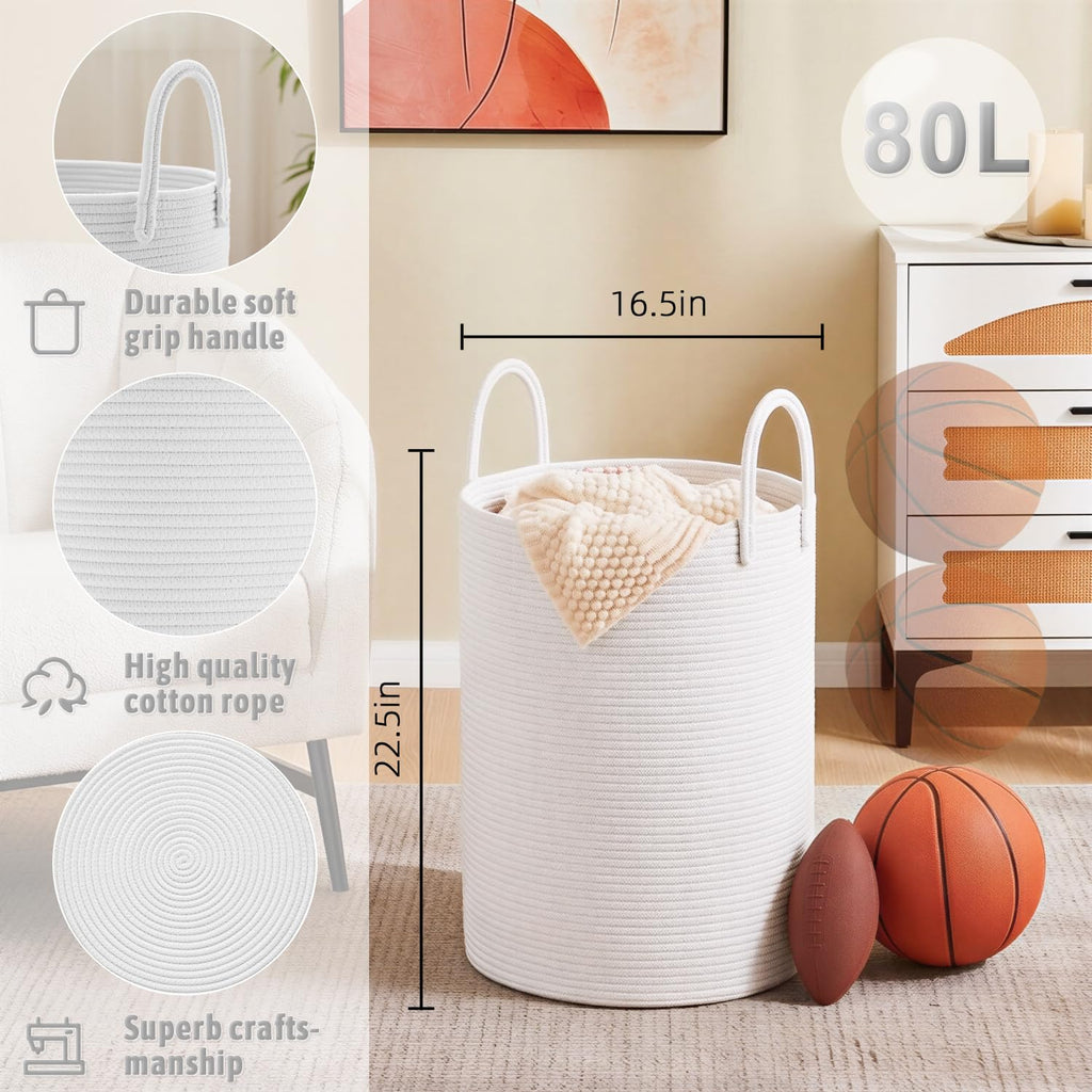 Laundry Basket, Cotton Rope Woven Clothes Hamper, 80L
