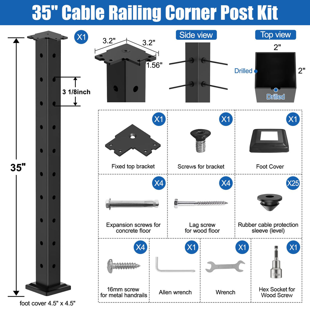 36" Cable Railing Corner Post(Post 35"x2"x2"), L-Drilled Corner Post with Flat Top Mount, Stainless Steel Black