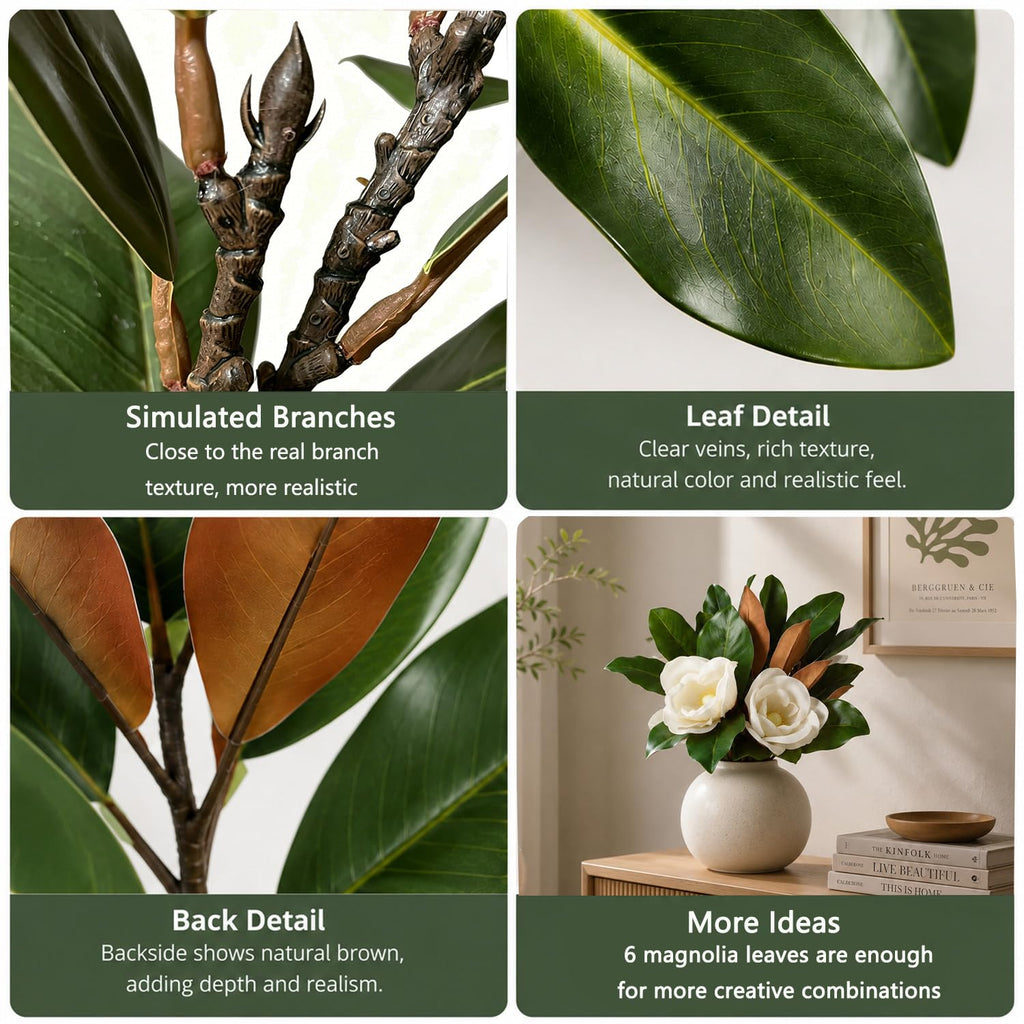 Magnolia Stems, Faux Magnolia Leaves Branches, 6Pcs