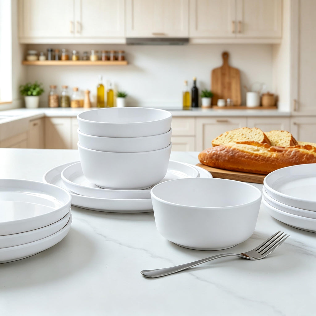 Basic White Melamine Dinnerware Sets, Elegant Unbreakable Dishes Set for 4