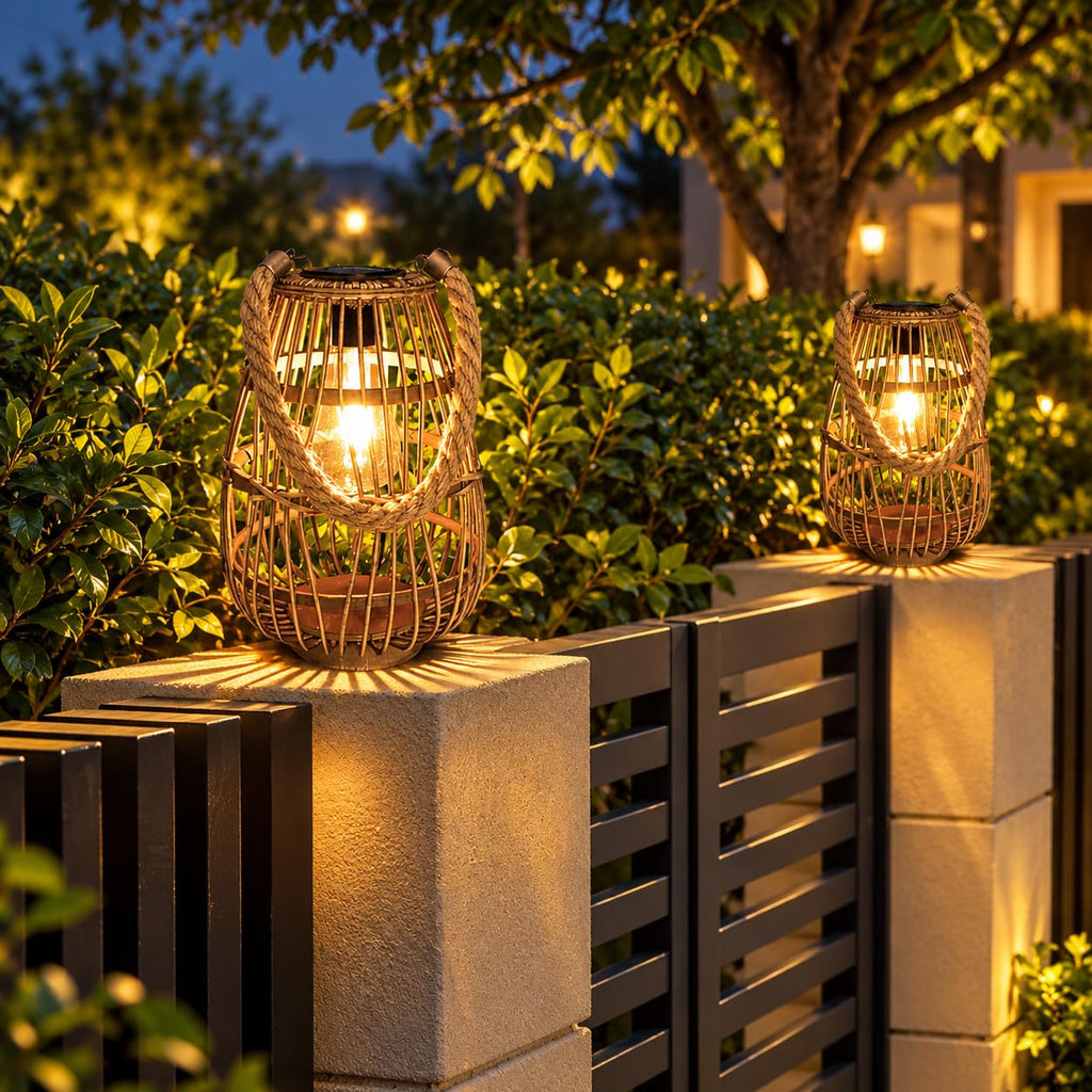 Rattan Solar Lantern, Large Outdoor Waterproof Hanging/Tabletop