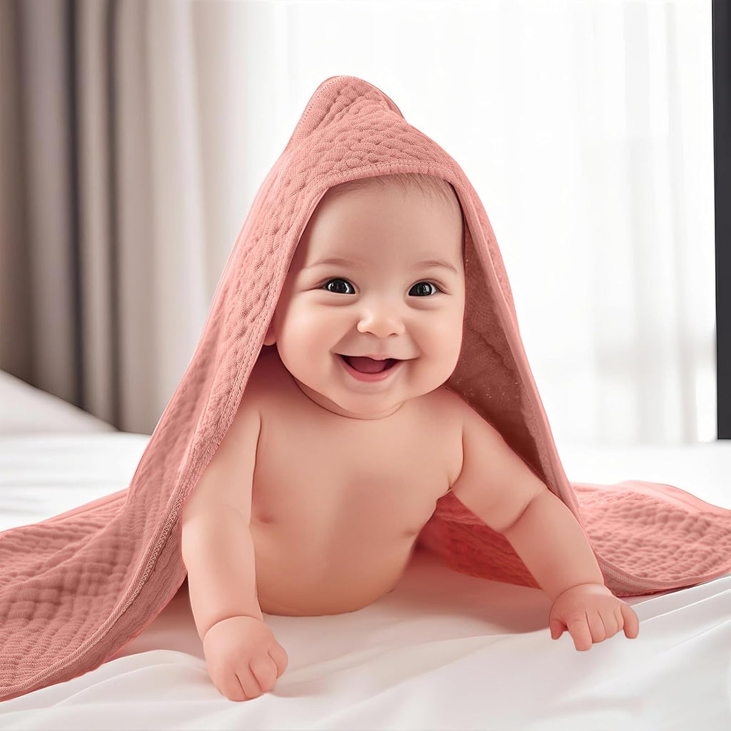 12 Pcs Baby Muslin Hooded Towels Washcloths, Pink Beige Series