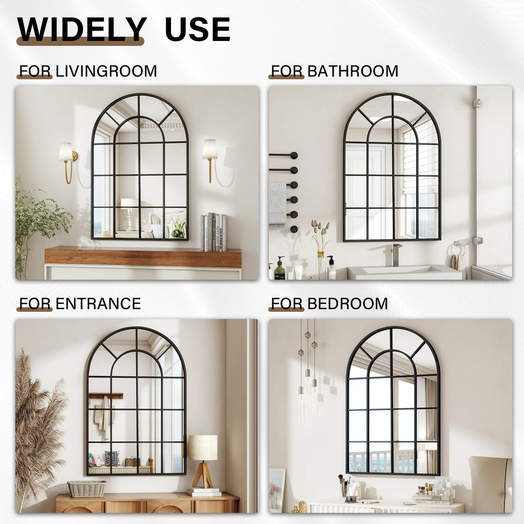 24"×36" Windowpane Arched Wall Mirror with Metal Frame, Black