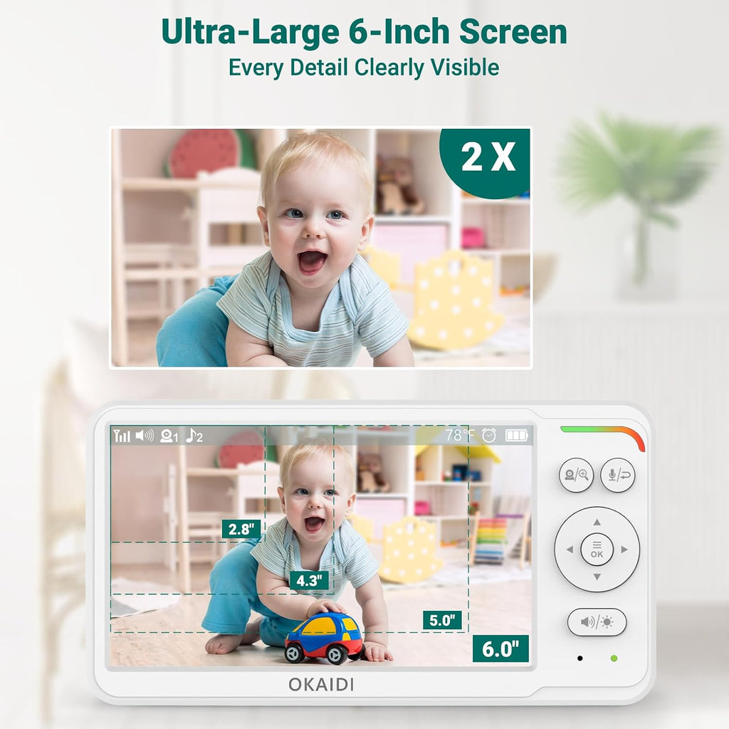 6" Screen Baby Monitor with 2 Cameras, Pan-Tilt-Zoom Camera No WiFi