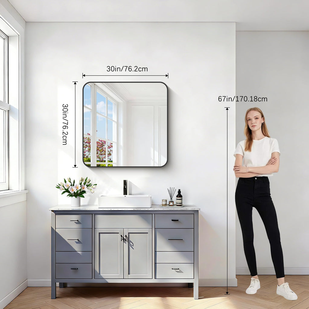 Black Bathroom Mirrors for Wall, 30"x30" Square Mirror, Rounded Corner Metal Frame Wall Mirror, Bathroom Vanity
