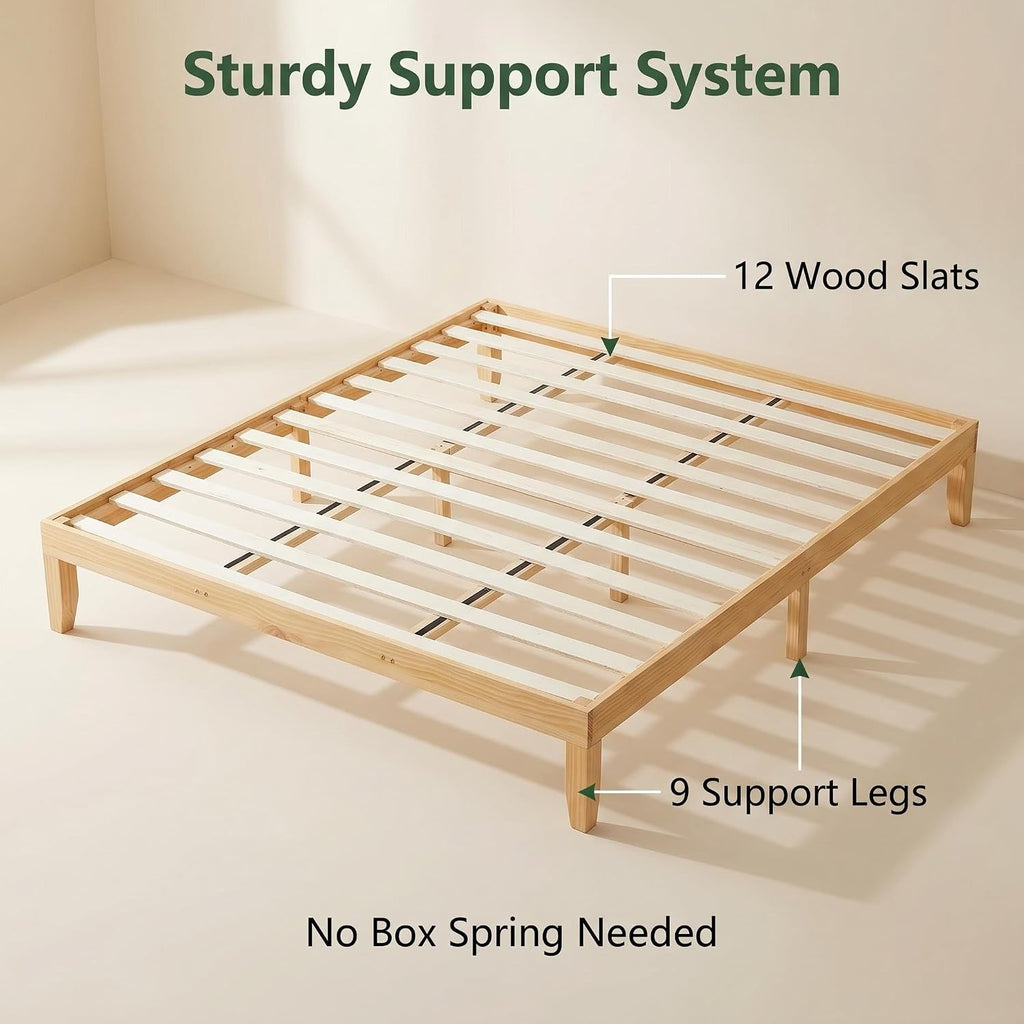 12 inch H King Size Japanese Solid Wooden Bed Frame, Mid-Century Natural Wood Platform Bed, Pine Wood Low Bedframe
