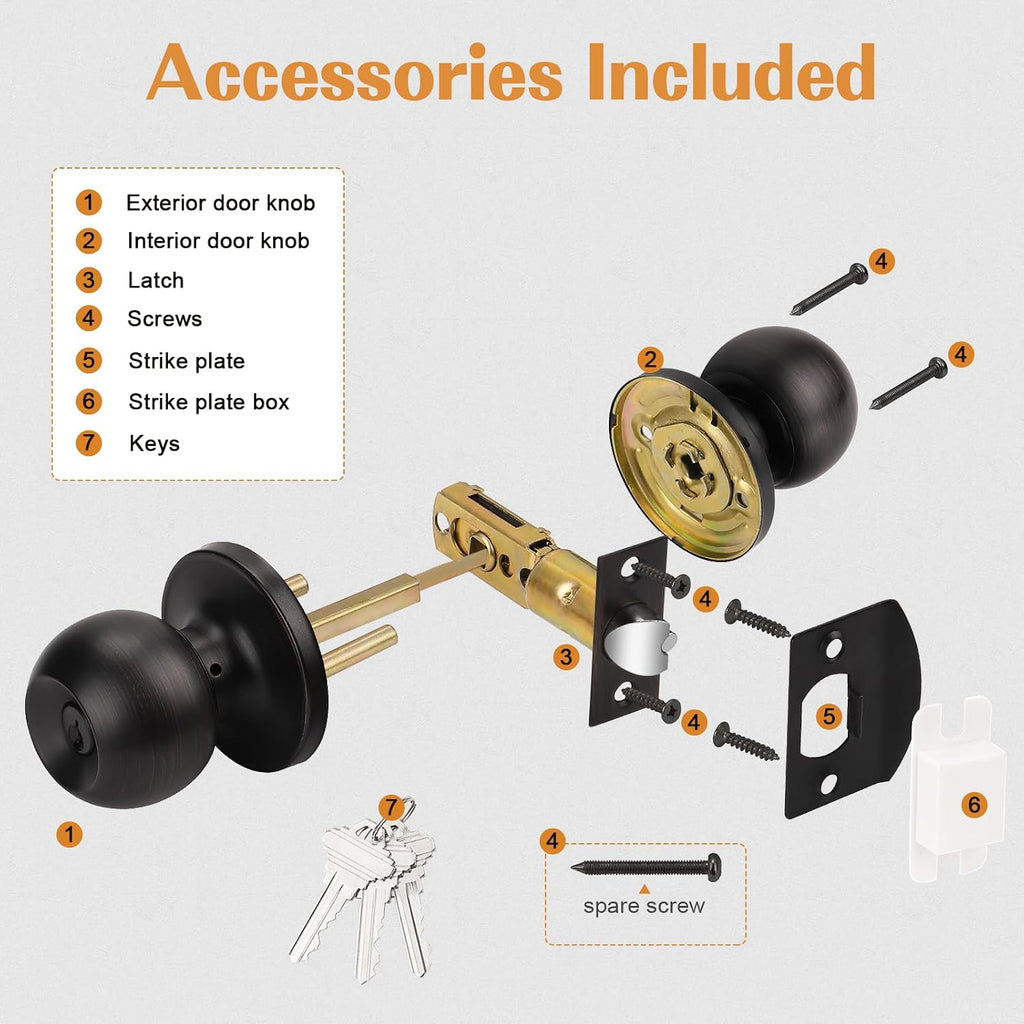 2 Pack Keyed Alike Door Knobs Combo Pack, Oil Rubbed Bronze Lockset Contemporary Style, Entry Door Knob Exterior