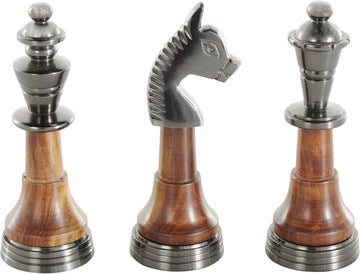Aluminum Metal Chess Decorative Sculpture King, Queen, and Knight Home Decor Statues with Mango Wood Center - Set of 3