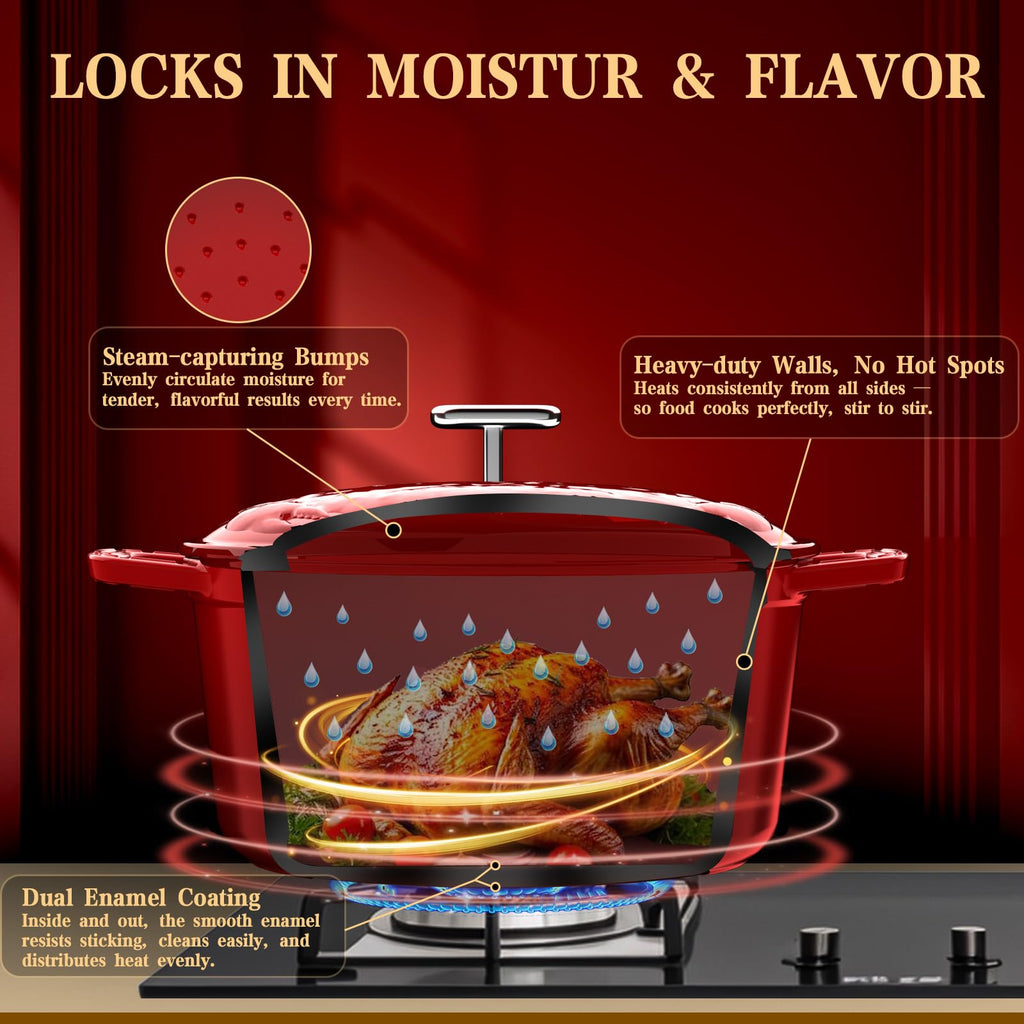Enameled Cast Iron Dutch Oven - 5 Quart, Crab Lid (Patented), Oversized Knob, for Bread Baking Braiser, Cooking Stock