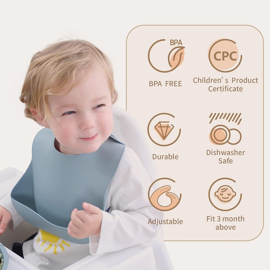 Silicone Baby Bibs Set of 3, BPA Free Waterproof Baby Bibs for Eating, Soft Adjustable Silicone Bibs for Babies 6-12