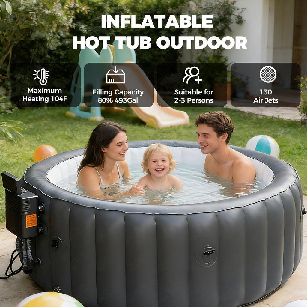 71 Inch 2-3 Person Inflatable Hot Tub, 130 Jets LED Light One-Click Inflation 3-Layer PVC Outdoor Spa Heats Up to