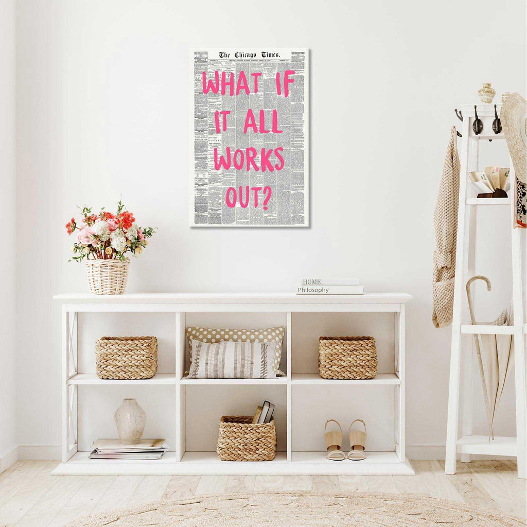 What If It All Works Out Poster Retro Newspaper Pink Font Canvas Wall Art Positive Affirming Quote Minimalist Prints