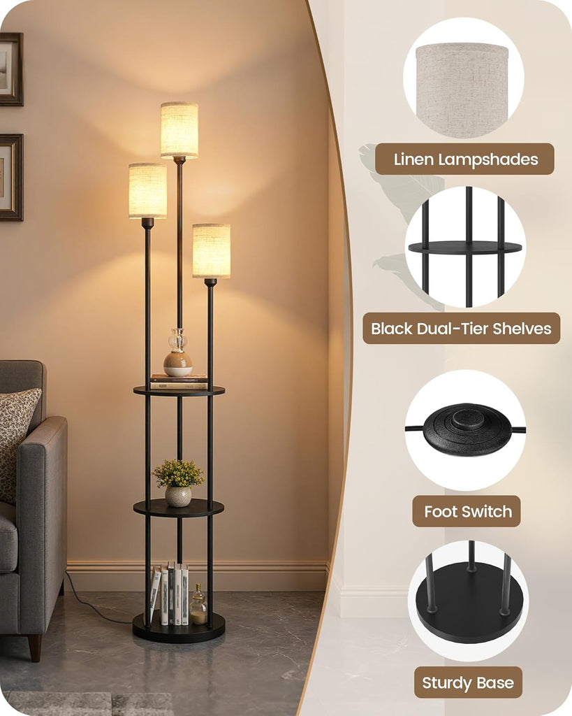 Floor Lamp with Shelves, Modern Floor Lamp with 3 Linen Shades and Foot Switch, 3-Light Standing Lamp