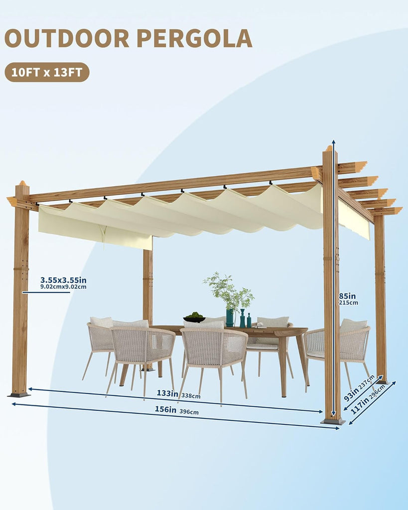 10x13 Ft Outdoor Pergola Faux Wood Grain Aluminum Gazebo with Retractable Canopy for Patio Modern Backyard Deck