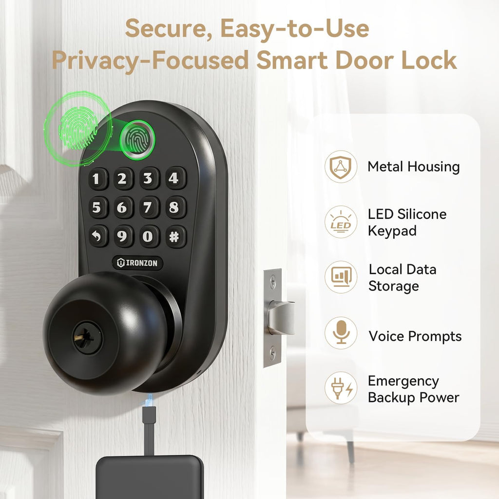 350K 5-in-1 Smart Fingerprint Door Knob with Keypad, Black
