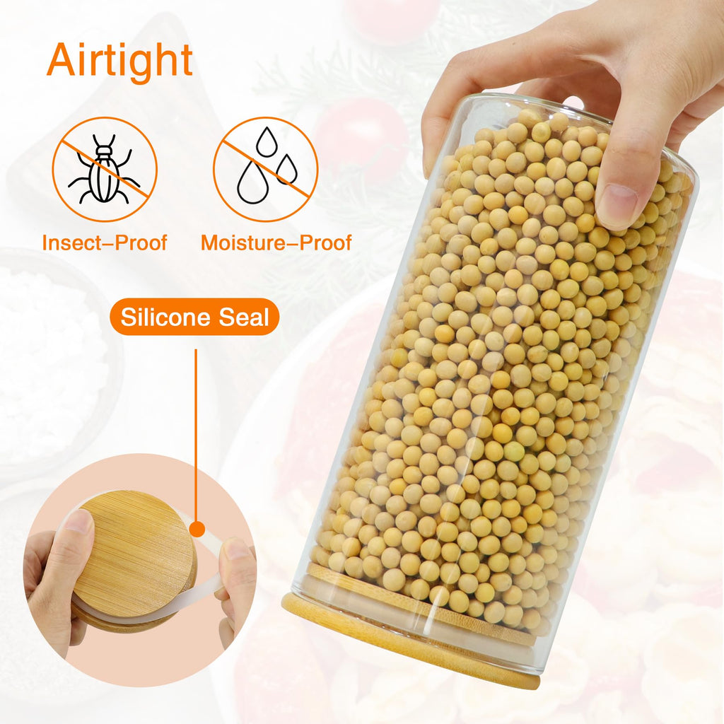 Glass Storage Jars 45 oz 4 Pcs Clear Glass Food Storage Containers with Airtight Bamboo Lid Stackable Kitchen