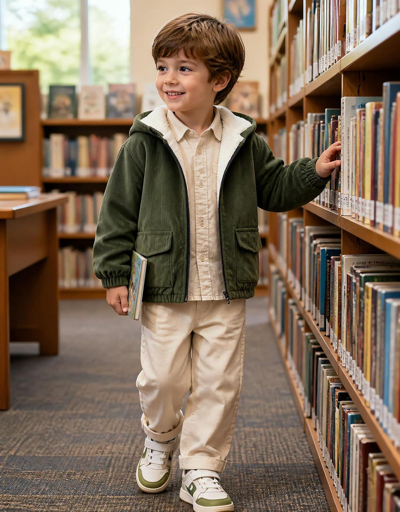 Boy Corduroy Jacket Hooded Zip-up Coat Winter Outwear