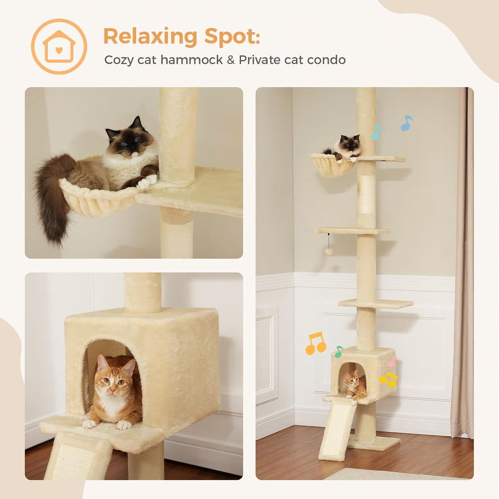 Floor to Ceiling Cat Tree, Adjustable 83-108in 5-Level Tower, Beige