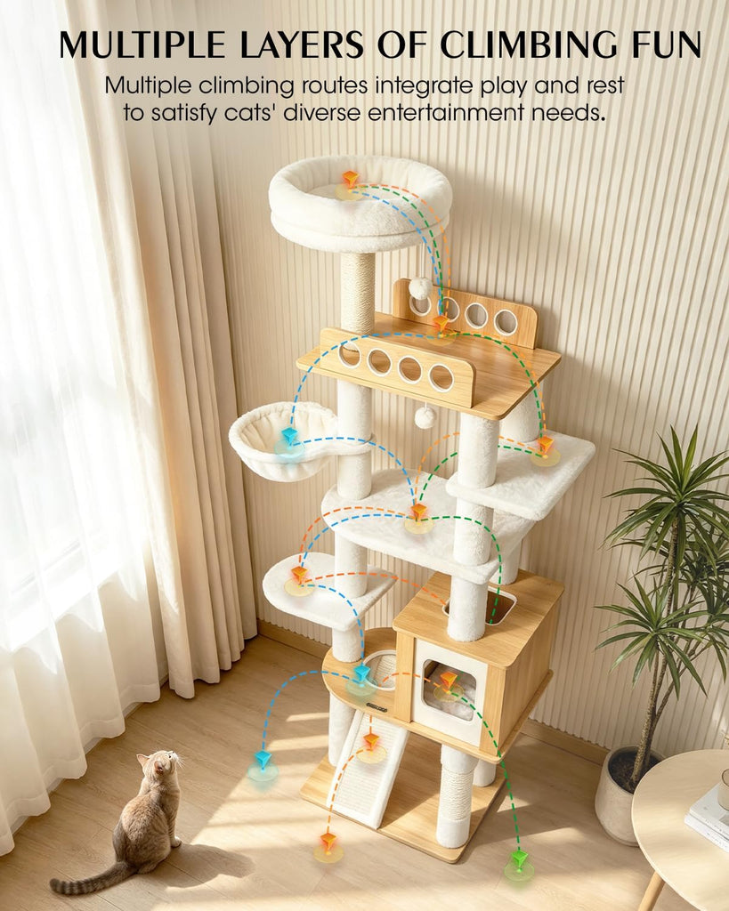 70" Wood Cat Tree for Large Cats, Tall Cat Tower, Reinforced Base