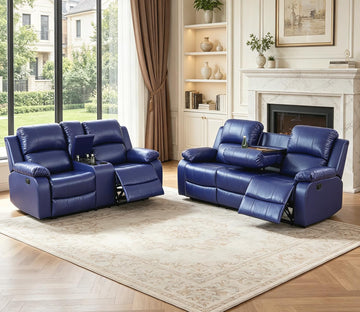 Faux Leather Recliner Sofa Set, Reclining Sofa Couch with Double Recliners, Blue Recliner Couch Set with Cup Holders