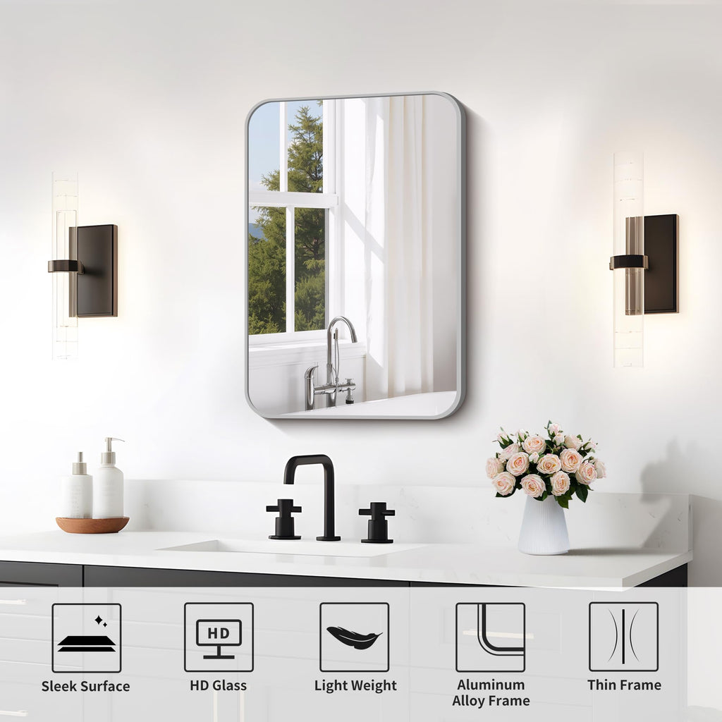 Bathroom Mirror for Over Sink 16x24 Inch Silver, Rectanglar Wall Mirror with Metal Frame, Rounded Corners Decor