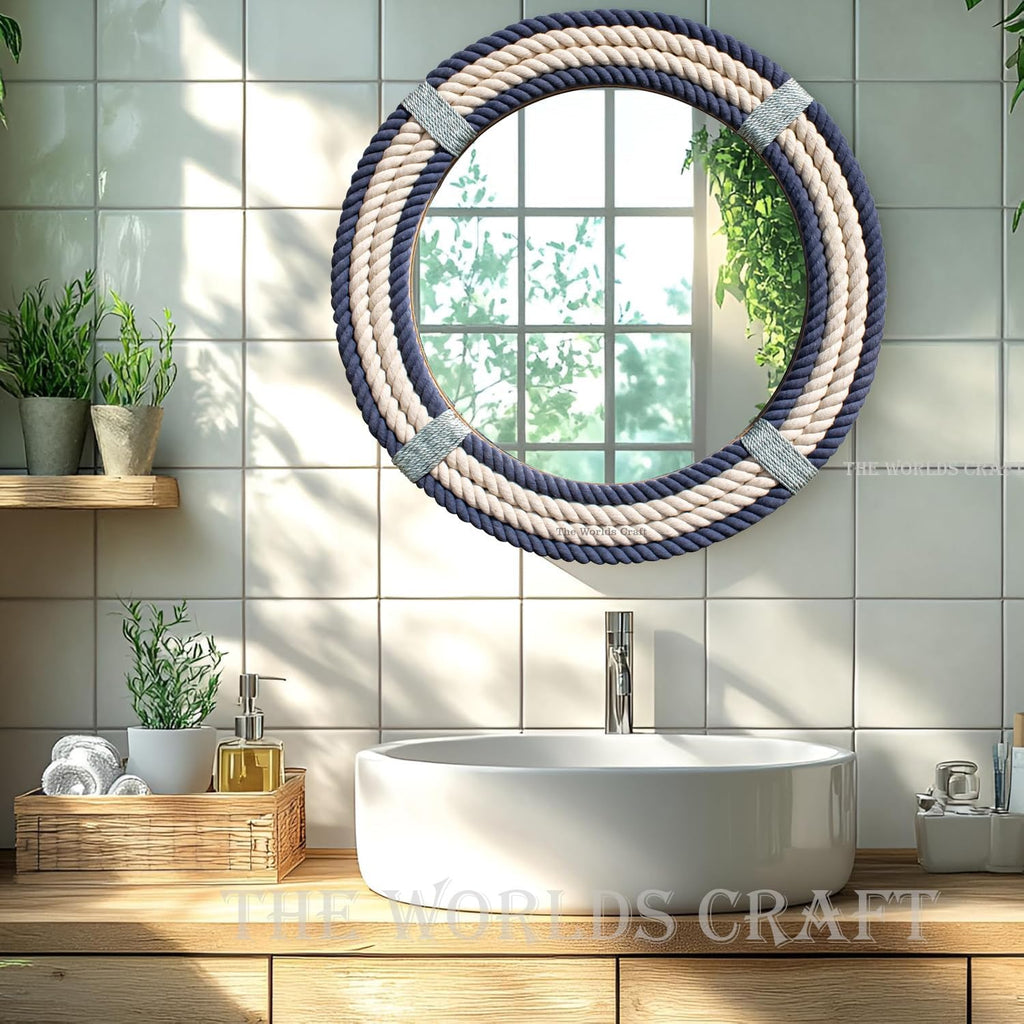 Nautical Round Rope Mirror - White Twisted Rope wall Hanging Mirror, Rustic Boho & Coastal Farmhouse Décor, or