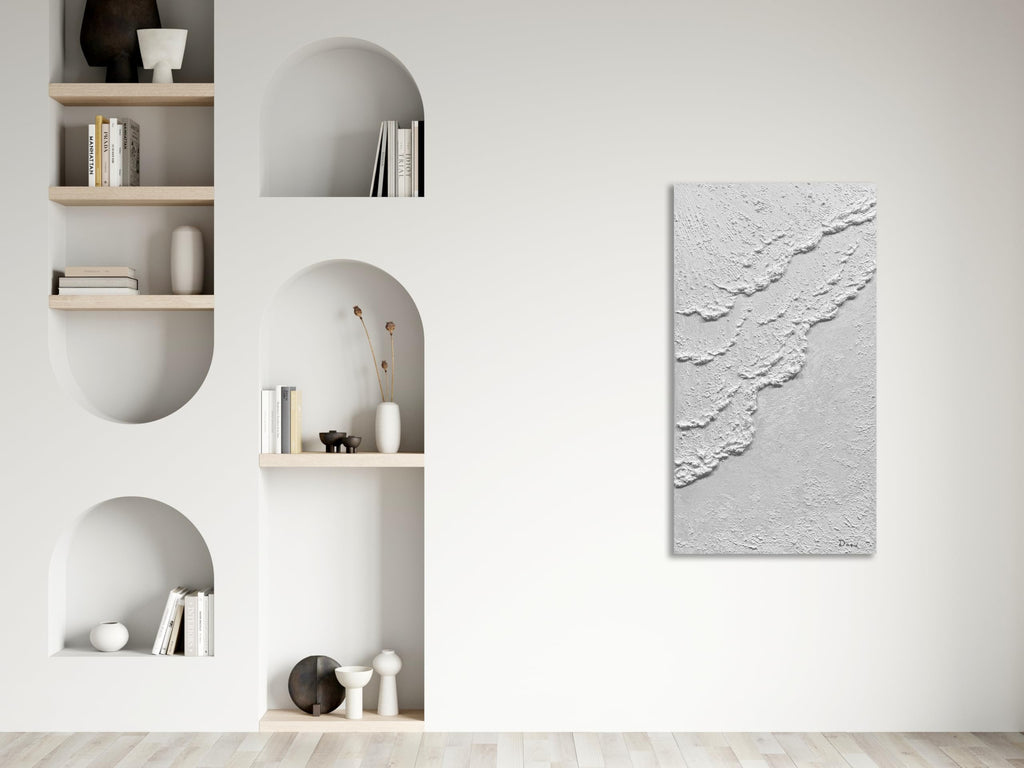Extra Large White Textured Ocean Wave Canvas Wall Art, Handmade Contemporary Modern Beach Wall Art, 3D Textured