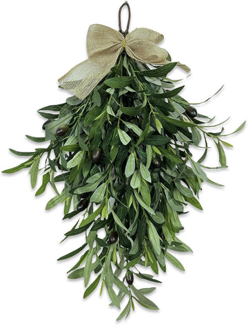 Premium 24" Artificial Olive Branch Teardrop Swag - Realistic Faux Greenery Wreath for Front Door, Wall, Home &