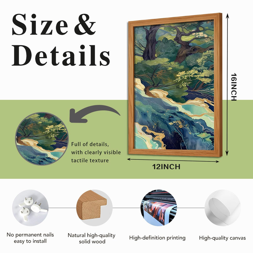 Japanese Waterfall Landscape Wall Art, 3-Piece Wooden Framed Asian Canvas Painting, Teal Gold Nature Zen Wall Decor