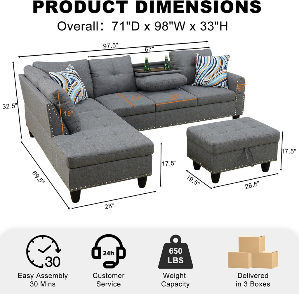 Wakefit Sectional Sofa Couch, Modern 4-Seaters Living Room Furniture Sets with Chaise Lounge