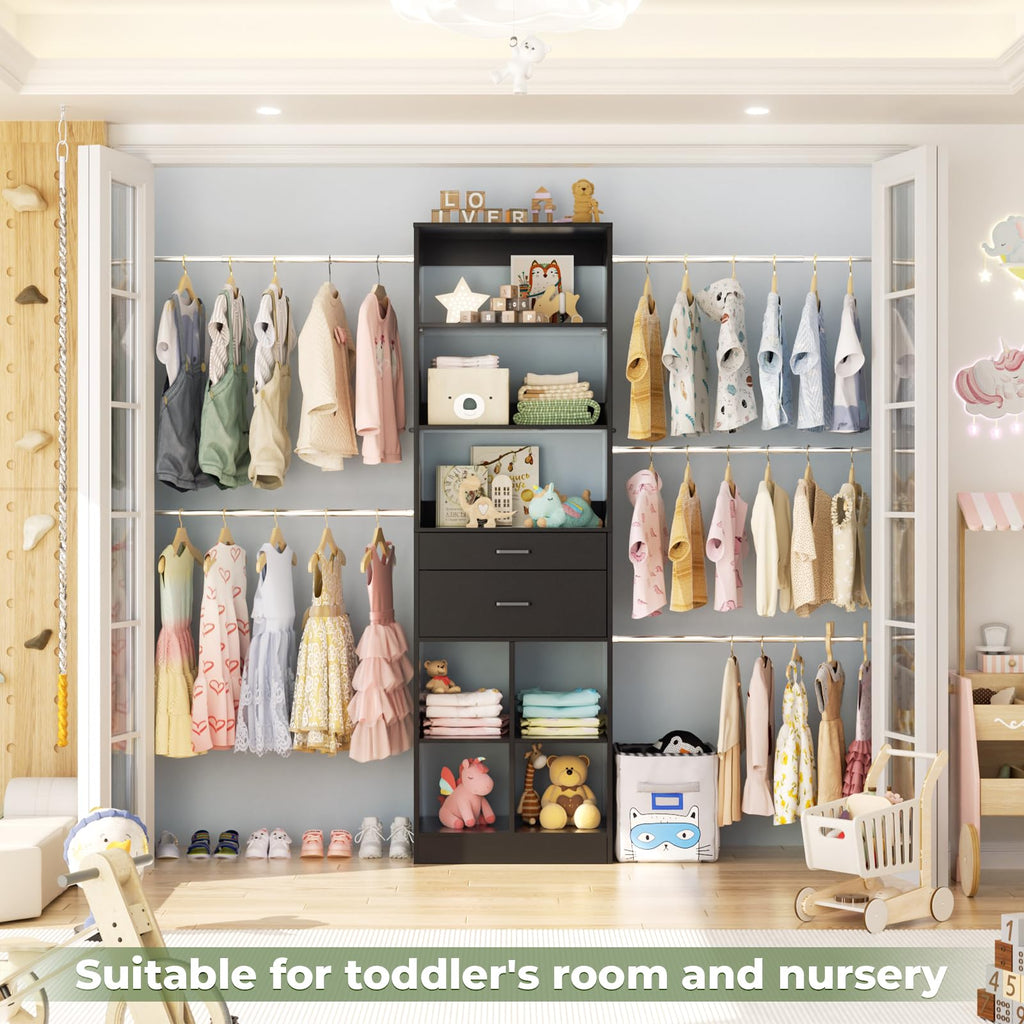 Closet System, 4-8 FT Closet Organizer Tower with 2 Wooden Drawers and Shelves, Can Fit 60 to 96 inch Walk-in Closet