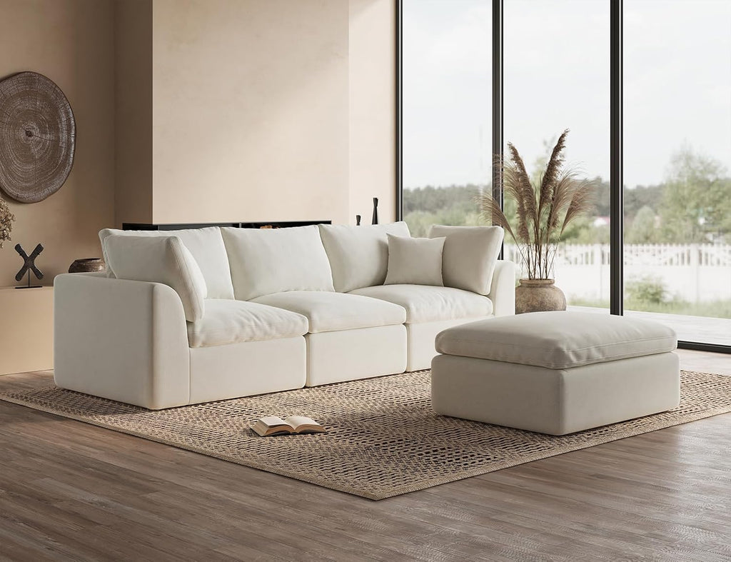 110" Cloud Sectional Couches , Convertible L-Shape Couch with Ottoman, 3 Seater Modular Sectional Sofa, Warm White