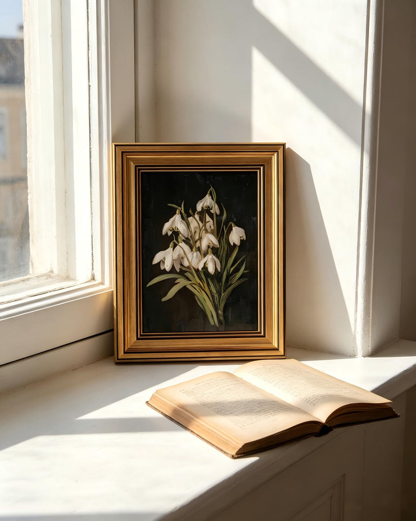 Gold Framed Wall Art, Vintage Snowdrop Flower Canvas Prints, Old World Botanical Still Life Picture Wall Decor, Moody