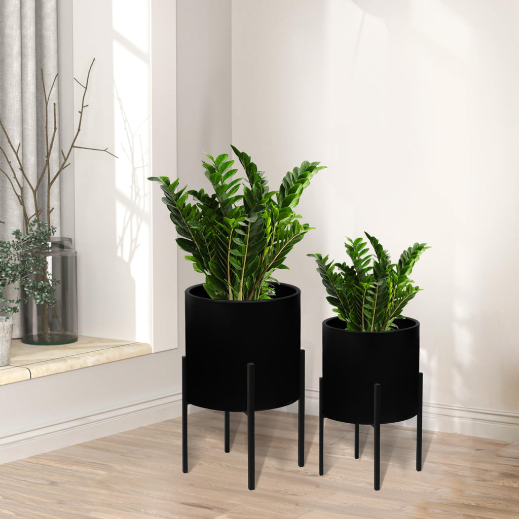 Modern Plant Pots, Large Planters with Stand, Set of 2 Decorative Planters, Metal Plant Pots with Drainage Holes