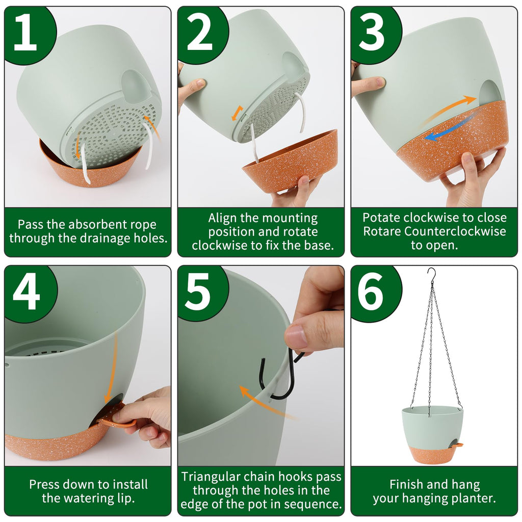 10 Inch Self Watering Hanging Planter, Indoor, 2 Pack, Green