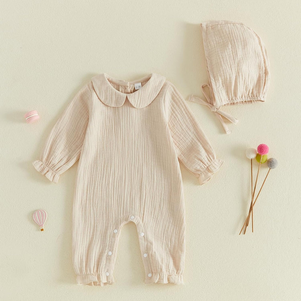 Newborn Coming Home Outfit Girl Baby Muslin Romper with Hat Hospital Set