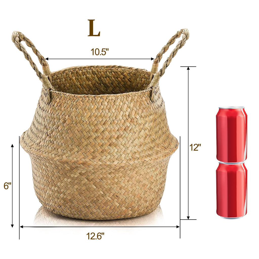 2 Pack Woven Seagrass Plant Basket with Handles, Ideal Wicker Baskets Storage Plant Pot Baskets for Laundry, Picnic