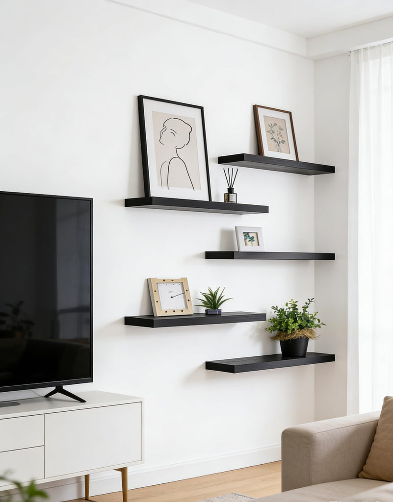 24 Inch Rustic Wood Floating Shelves Farmhouse Wooden Wall Shelves Bedroom Living Room Kitchen Office Set of 4 Black