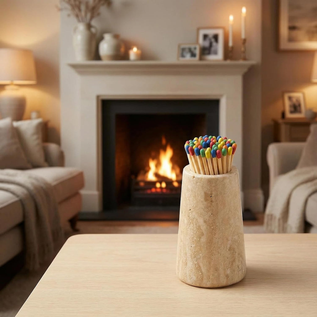 Natural Travertine Incense Match Holder with Striker - Large 3.93" Handmade Matchstick Jar for Candle, Fireplace