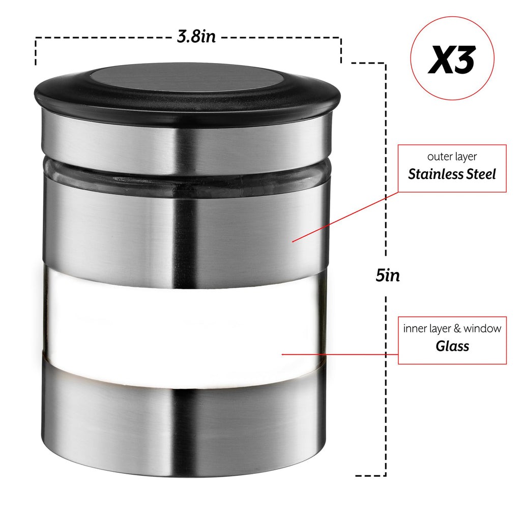 Quality Stainless Steel Canister Set of 3 Counter with Glass Window & Airtight Lid - Food Storage Containers with