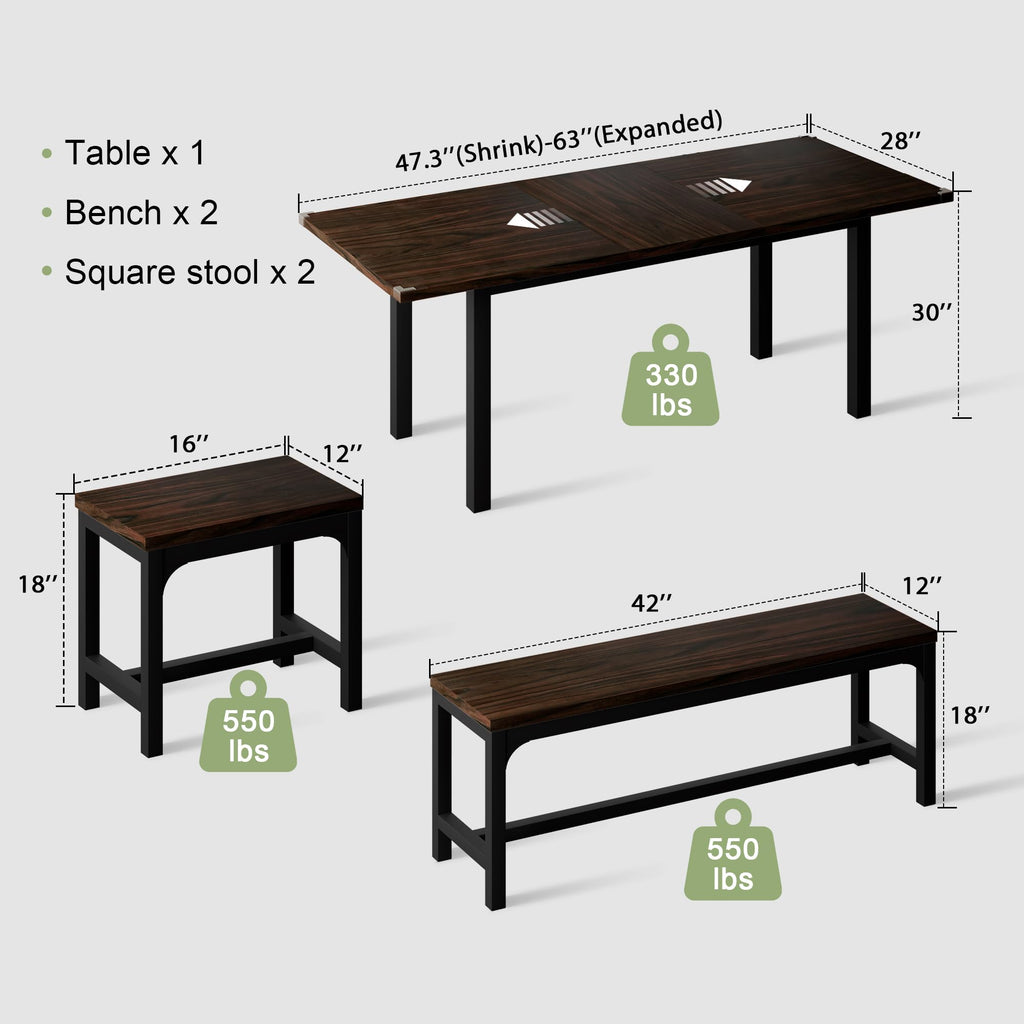 5-Piece Dining Table Set for 4-8 People, 63" Extendable Kitchen Table Set with 2 Benches and 2 Square Stools, Dining
